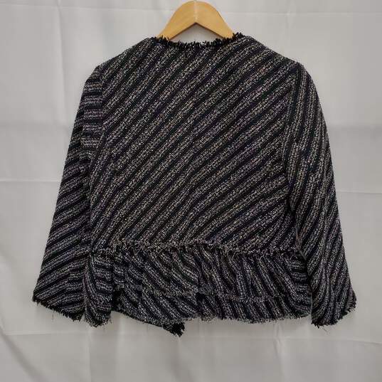 NWT Ann Taylor Tweed Knit Fringe Ruffle Peplum Black & White Stripe Jacket Size 4 image number 2