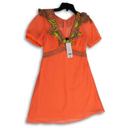 Womens Orange Embroidered Short Sleeve V-Neck Mini Length A-Line Dress  XXS