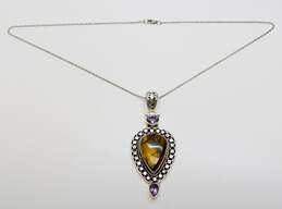 Artisan 925 Tigers Eye Teardrop Cabochon & Faceted Amethyst Accents Dotted & Scrolled Statement Pendant Chain Necklace 19.3g alternative image