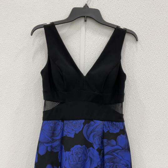Womens Black Blue Floral Sleeveless V-Neck Back Zip Mermaid Dress Size 4 image number 3