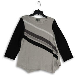 Womens Gray Black Round Neck Long Sleeve Pullover Sweater Size Medium