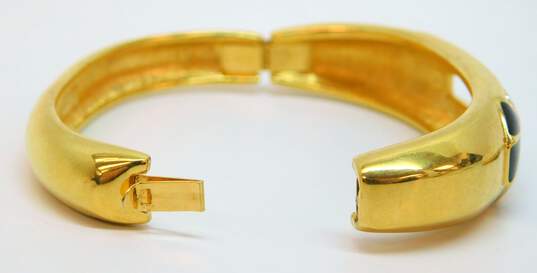 Vintage SAL Swarovski Icy Crystal Black Enamel & Gold Tone Drop Earring Brooch & Hinged Bangle Bracelet 64.1g image number 5