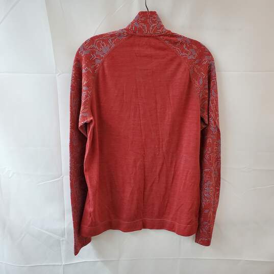 XL Size Long Sleeve Quarter Zip Red Merino Wool Top with Light Blue Patterned Sleeves image number 2