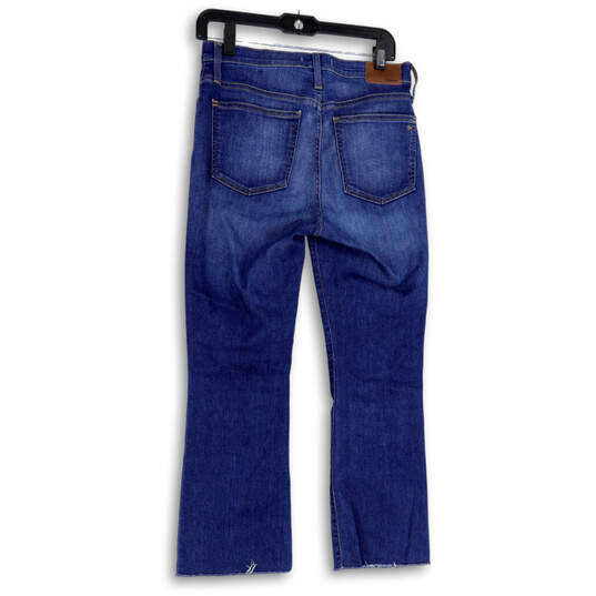 Womens Blue Denim Medium Wash 5-Pocket Design Raw Hem Bootcut Jeans Size 28 image number 2