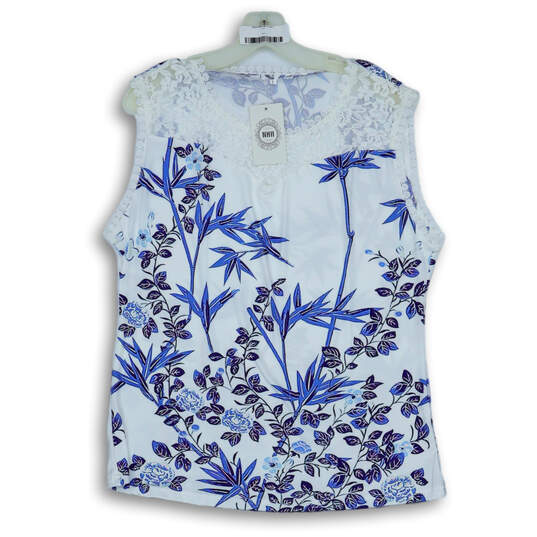 NWT Womens White Blue Floral Lace Round Neck Sleeveless Blouse Top Size L image number 1