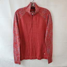 XL Size Long Sleeve Quarter Zip Red Merino Wool Top with Light Blue Patterned Sleeves