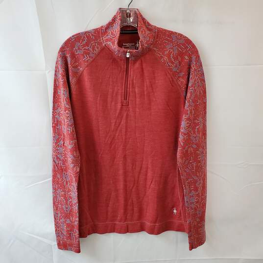XL Size Long Sleeve Quarter Zip Red Merino Wool Top with Light Blue Patterned Sleeves image number 1