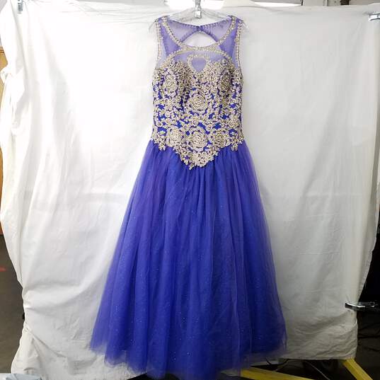 Asped Purple Blue Embellished Lace Ruffled Short Sleeve Dress Sz 2XL image number 1