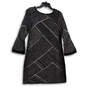 Womens Black White Herringbone Bell Sleeve Round Neck Shift Dress Size PM image number 2