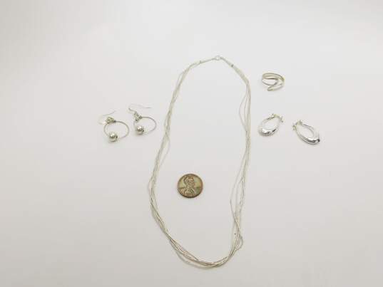 Artisan 925 Liquid Silver 5 Strand Necklace Modernist Hoop Bead Drop Earrings & Cut Out Ring 13.9g image number 6