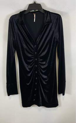 Free People Womens Black Velvet Long Sleeve Button Front Ruched Shirt Dress Sz S alternative image