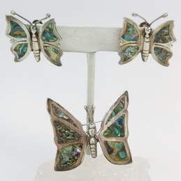 Artisan 925 Abalone Inlay Butterfly Brooch & Earrings Set 14g