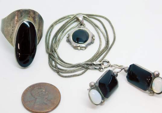 Mexico & Artisan 925 Onyx Pendant Necklace Inlay & Glass Drop Earrings & Taxco Modernist Cabochon Wide Band Ring 20g image number 6