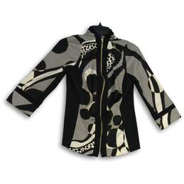 Joseph Ribkoff Womens Black White Geometric 3/4 Sleeve Full-Zip Jacket Size 8