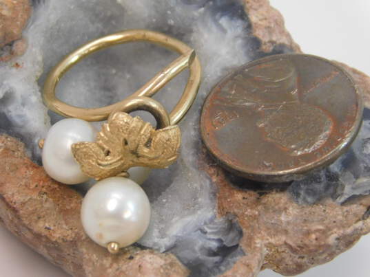 Romantic 14K Yellow Gold Faux Pearl & Leaf Ring 4.9g image number 5