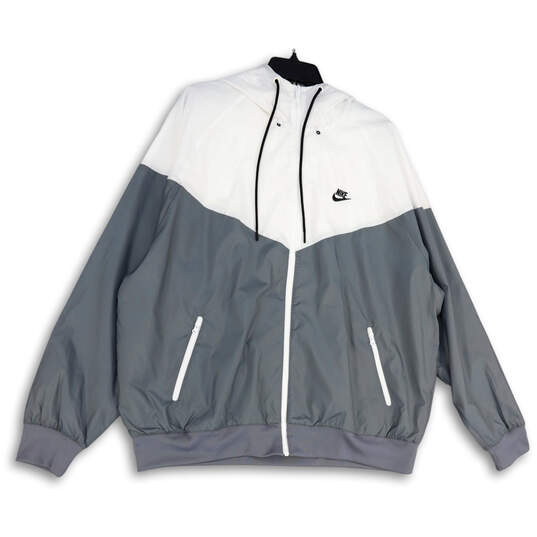 Mens White Gray Long Sleeve Hooded Full-Zip Windbreaker Jacket Size XL image number 4