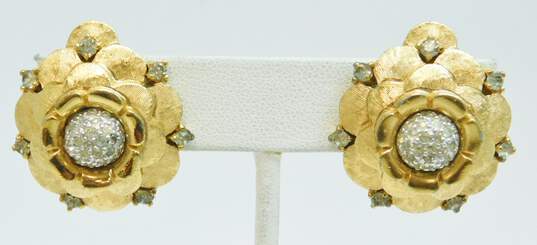 VNTG Joseph Mazer Gold Tone Icy Rhinestone Floral Clip-on Earrings image number 4