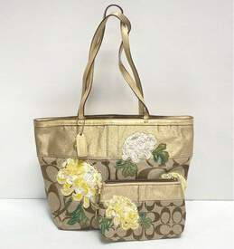 Coach Monogram Signature Floral Shoulder Bag Beige Gold