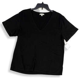 Womens Black Short Sleeve Stretch V-Neck Regular Fit Pullover T-Shirt Sz 3