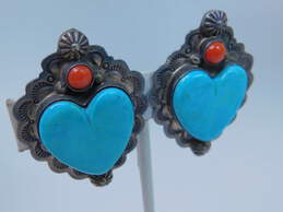 Vintage Frank & Brihilda Coriz 925 Sterling Silver Turquoise & Spiny Oyster Heart Clip-On Earrings 26.5g