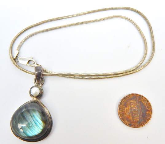 Artisan 925 Labradorite Teardrop Cabochon & Pearl Pendant Snake Chain Necklace image number 6
