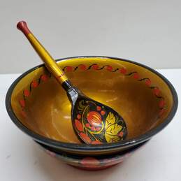Vintage Soviet Russian Handpainted Wooden Bowl & Spoon