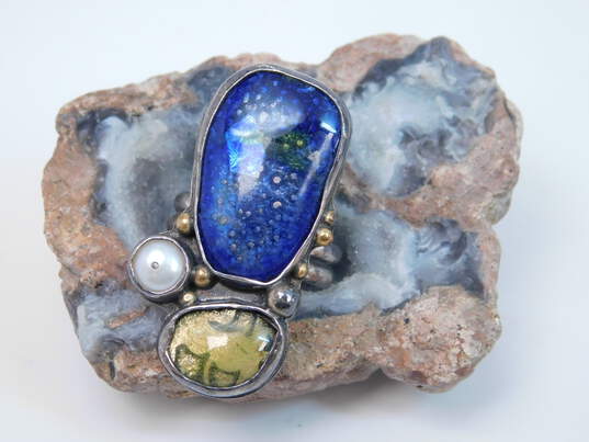 Signed NLSW 925 & Vermeil Blue & Yellow Dichroic Art Glass & White Pearl Granulated Unique Ring 12.3g image number 2