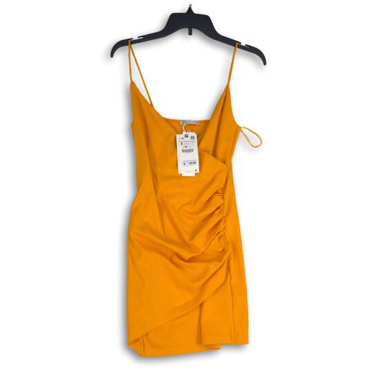 NWT Zara Womens Orange Spaghetti Strap Sleeveless Side Ruched Bodycon Dress Sz S image number 1