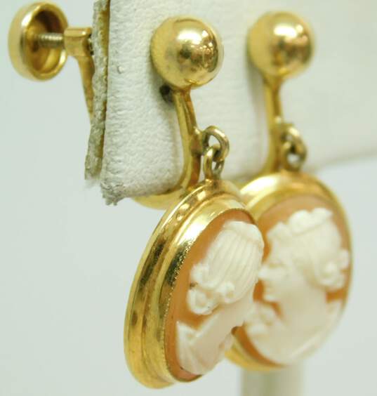 10K Gold Carved Woman Cameo Oval Drop Screw Back Earrings 3.2g image number 2