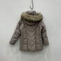 Womens Gray Faux Fur Hooded Snap Button Front Puffer Coat Size XL image number 2