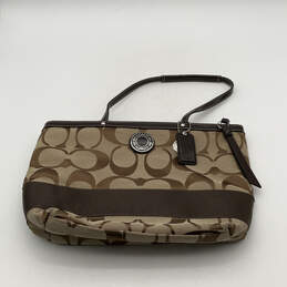 Womens Brown Beige Signature Print Inner Pockets Double Handle Tote Bag