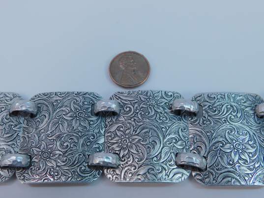 Vintage Silver Tone Flower & Scrolled Chunky Pendant Necklace & Panel Bracelet 100.9g image number 6