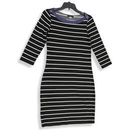 Womens Black White Striped 3/4 Sleeve Boat Neck Boardwalk Sheath Dress Sz 4