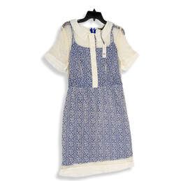 NWT Womens Blue White Short Sleeve Back Zip Shift Dress Size Large