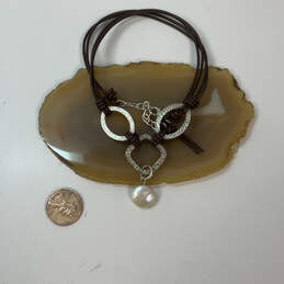 Designer Silpada 925 Sterling Silver Coin Pearl Brown Cord Pendant Necklace alternative image