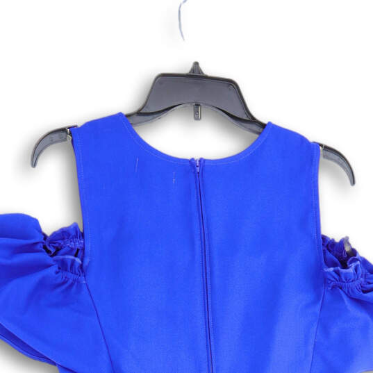 NWT Womens Blue Ruffle Cold Shoulder Back Zip Short Mini Dress Size Large image number 4