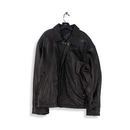 Mens Black Long Sleeve Collared Pockets Leather Motorcycle Jacket Size Large