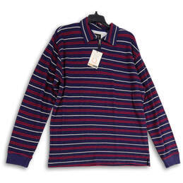 NWT Mens Blue Red Striped Spread Collar 1/4 Zip Long Sleeve Polo Shirt Sz L