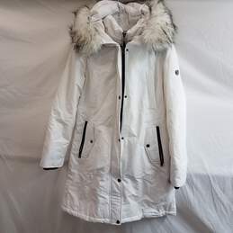 1 Madison Expedition Women's White Long Parka Puffer Jacket w/ Faux Fur Hood Trim Size M