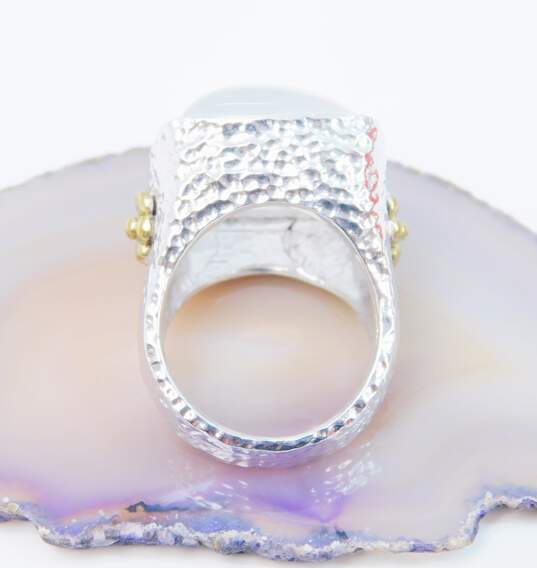 Contemporary 925 & Vermeil Accent White Chalcedony Square Cabochon Flowers Textured Chunky Ring 16.2g image number 4