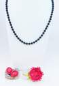 Vintage Black Glass Beaded Necklace Red Floral Mod Flower Brooch & Red Bead Clip On Earrings 95.2g image number 1