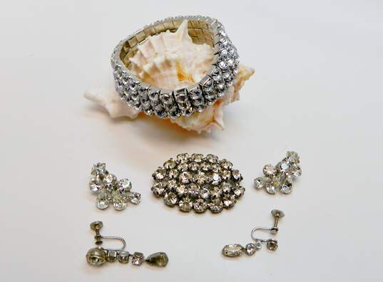 Vintage Silvertone Icy Rhinestones Cluster Clip On & Drop Screw Back Earrings Oval Brooch & Wide Bracelet 44.6g image number 1