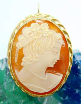 Vintage 14K Yellow Gold Carved Shell Cameo Pendant Brooch 5.9g