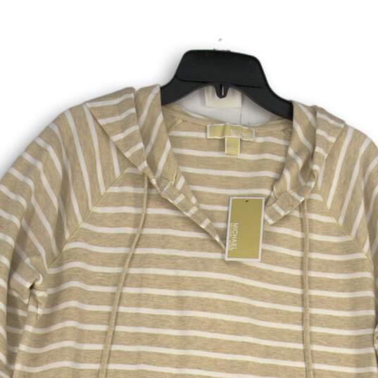 NWT Michael Kors Womens Beige White Striped Long Sleeve Pullover Hoodie Size L image number 3