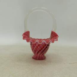 Vintage Fenton Cranberry Opalescent Hobnail Crimped Basket White Striped Handle