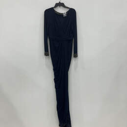 NWT Womens Navy Blue Long Sleeve Beaded Prom Jersey Wrap Dress Size 14M