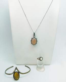 Artisan 925 Rose Quartz Cabochon Granulated Pendant Necklace Tigers Eye Pointed Cuff Bracelet & Shell Ring 20.4g