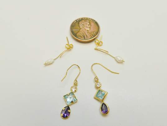 14K Gold Freshwater Pearl Chain Post & Clear Blue & Purple Cubic Zirconia Drop Earrings 1.6g image number 4