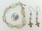Artisan 925 Hibiscus Flower Pendant Necklace Dark Pearls & Cross Drop Earrings & Celtic Knot Paneled Bracelet 23.3g image number 6
