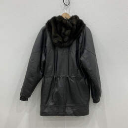 Womens Black Leather Long Sleeve Full-Zip Hooded Faux Fur Jacket Size S alternative image